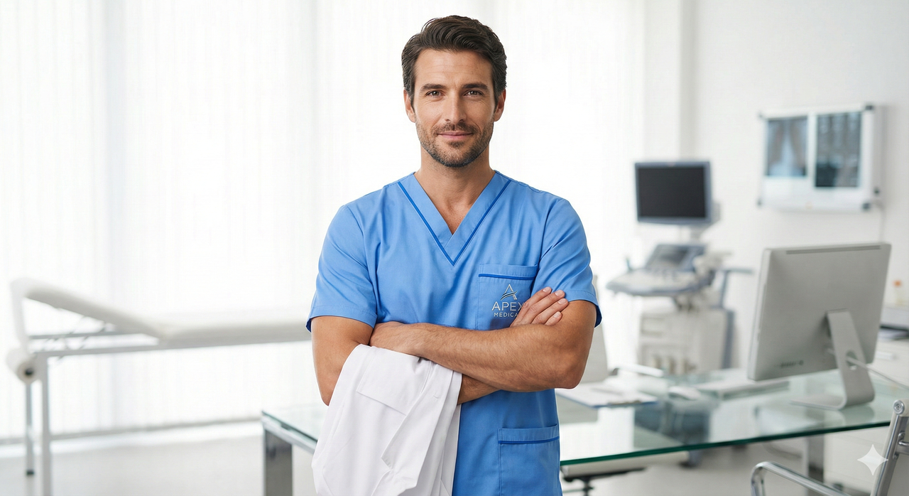 Equipo médico con uniformes Clinicos